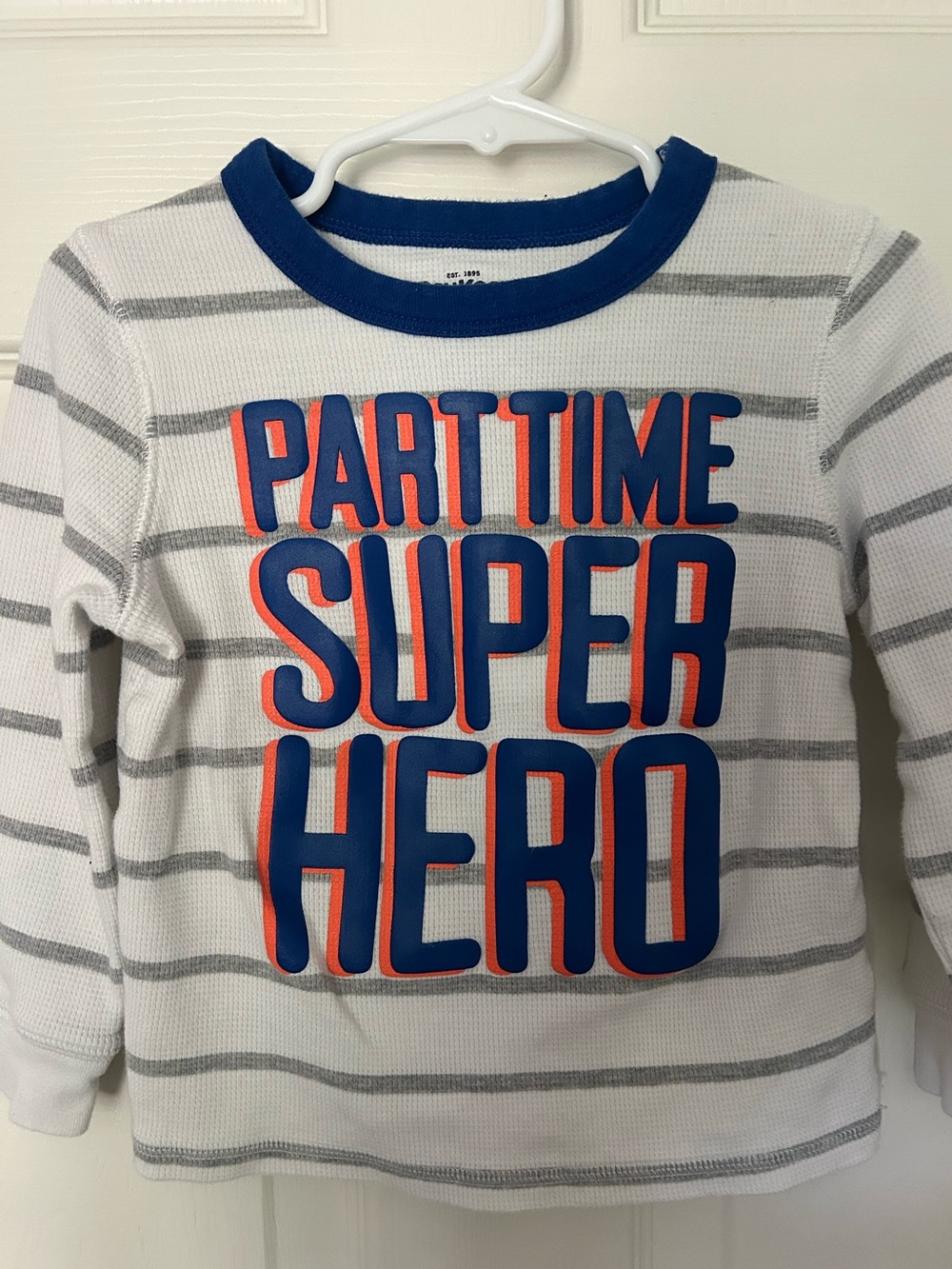 toddler Boys, OshKosh B'gosh, White & Gray Striped 'Super Hero' Long-Sleeve 3T